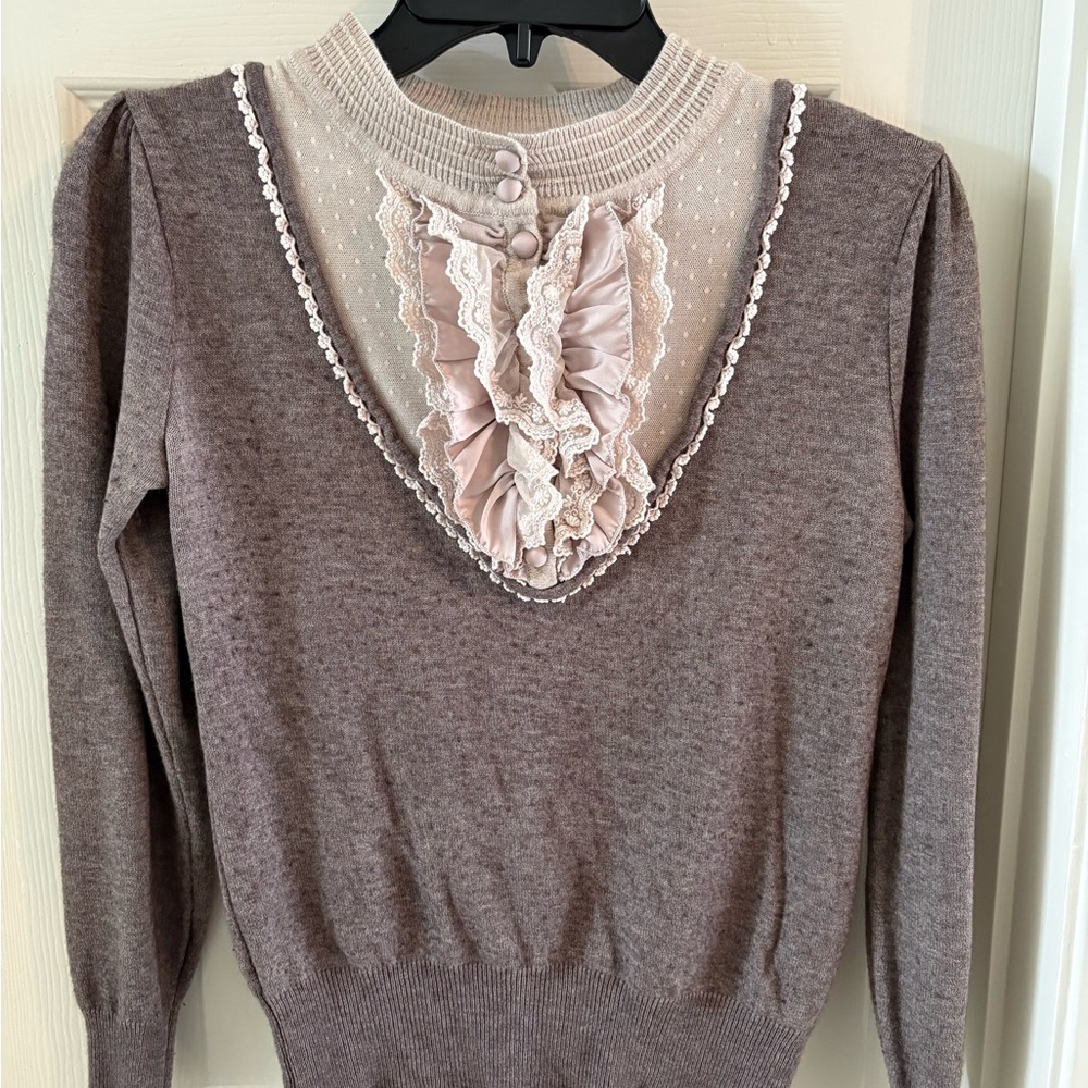 Brown Sweater with Lace and Ruffle Detail